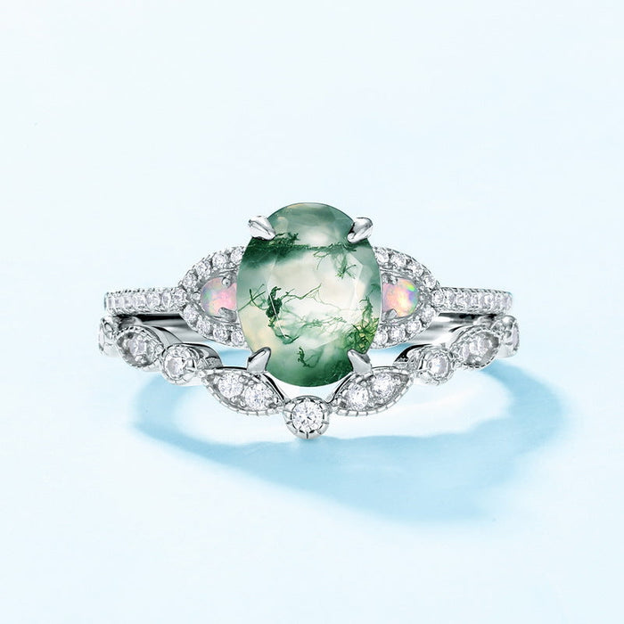 2 Pcs Natural Green Moss Agate Ring Set For Women