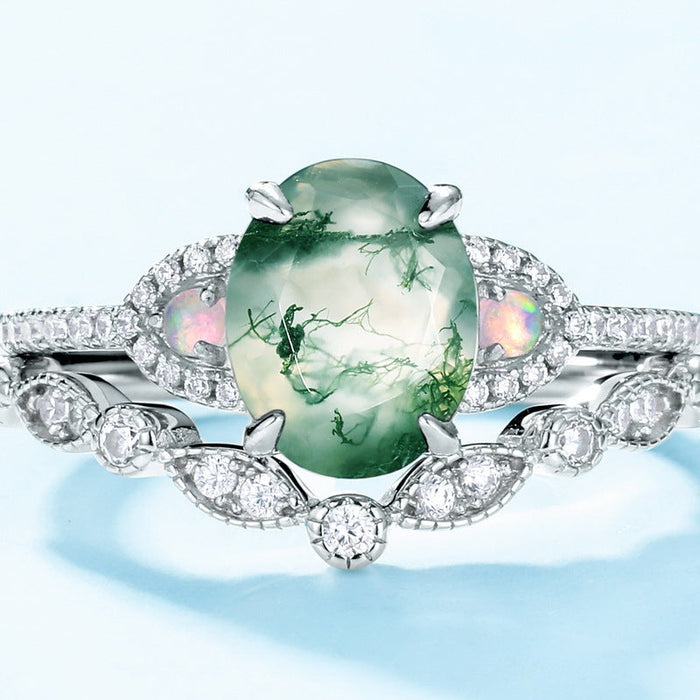 2 Pcs Natural Green Moss Agate Ring Set For Women