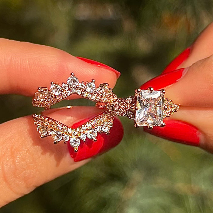 2 Pcs Radiant Cut Enhancer Rose Golden Tone Wedding Bridal Set