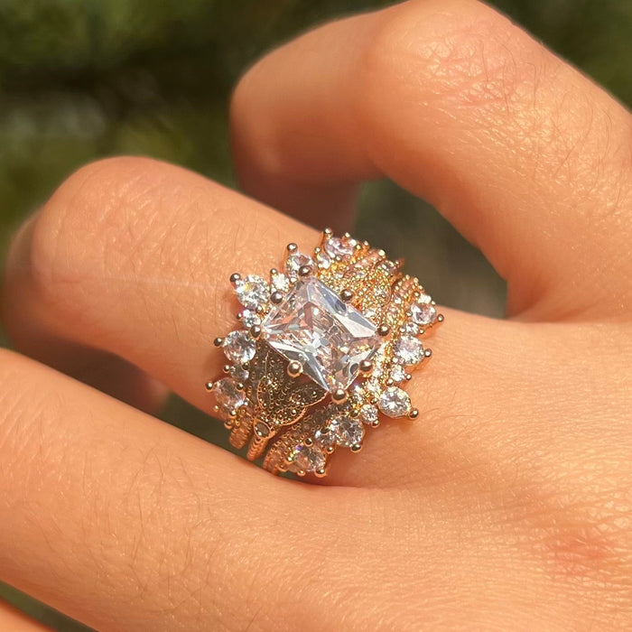 2 Pcs Radiant Cut Enhancer Rose Golden Tone Wedding Bridal Set