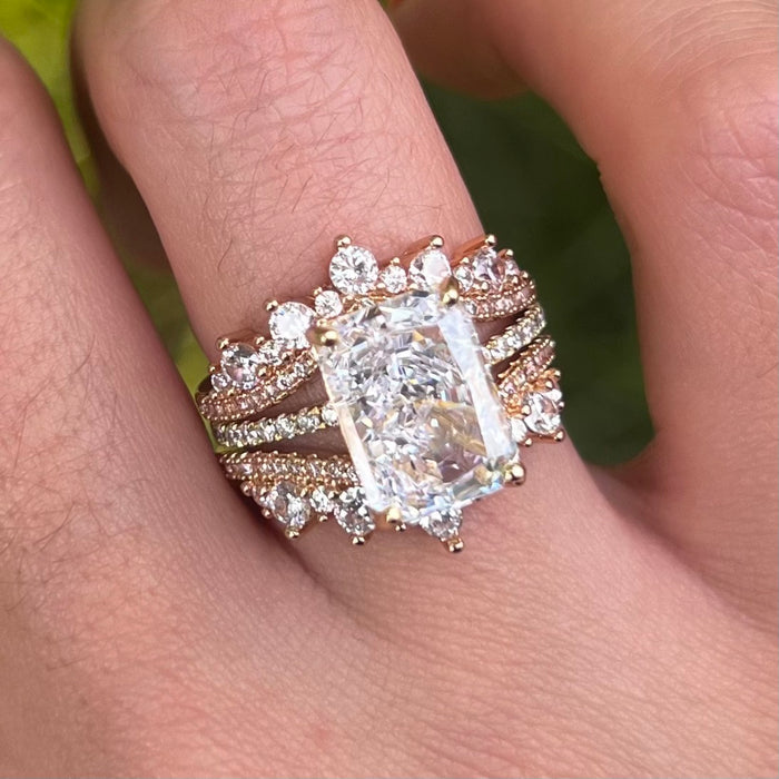 2 Pcs Radiant Cut Insert Wedding Ring Set With Crown-Shaped Band