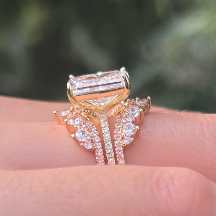 2 Pcs Radiant Cut Insert Wedding Ring Set With Crown-Shaped Band