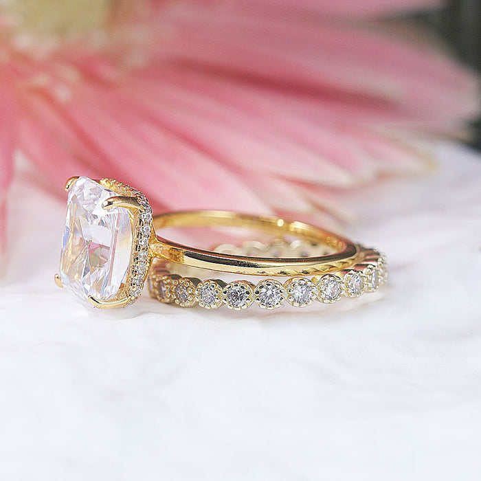 2 Pcs Radiant Cut With Hidden Halo Design Sterling Silver Ring Set