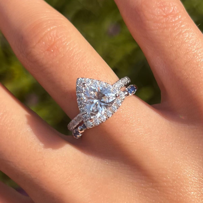 2 Pcs Triangle Halo Sterling Silver Bridal Set With Blue Band