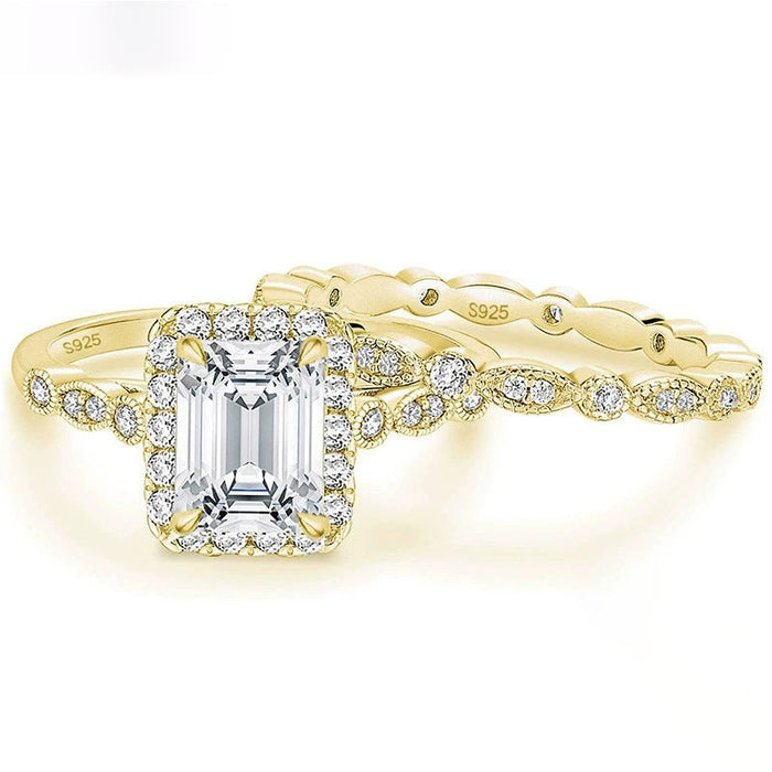 2.0 CT Emerald Cut Halo Sterling Silver Ring Set