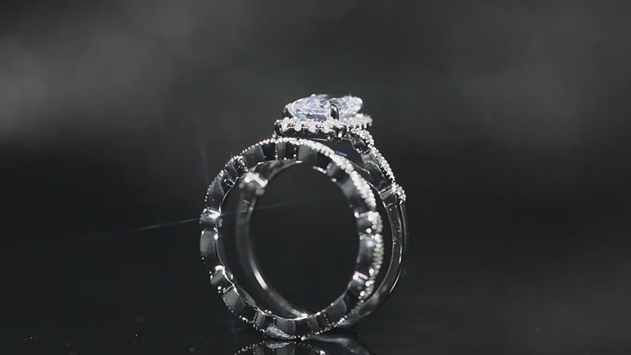 2.0 CT Emerald Cut Halo Sterling Silver Ring Set