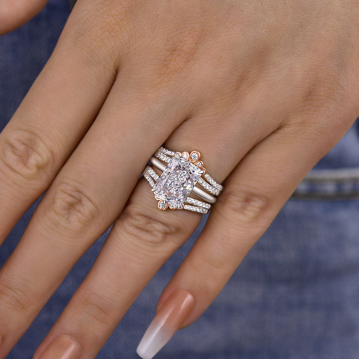 2PCS Crown Design Radiant Cut Enhancer Wedding Ring Set