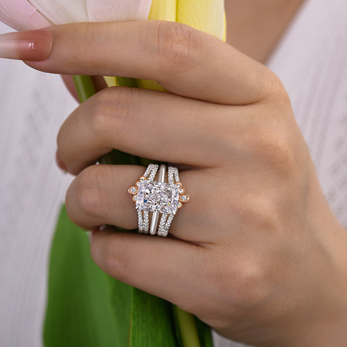 2PCS Crown Design Radiant Cut Enhancer Wedding Ring Set