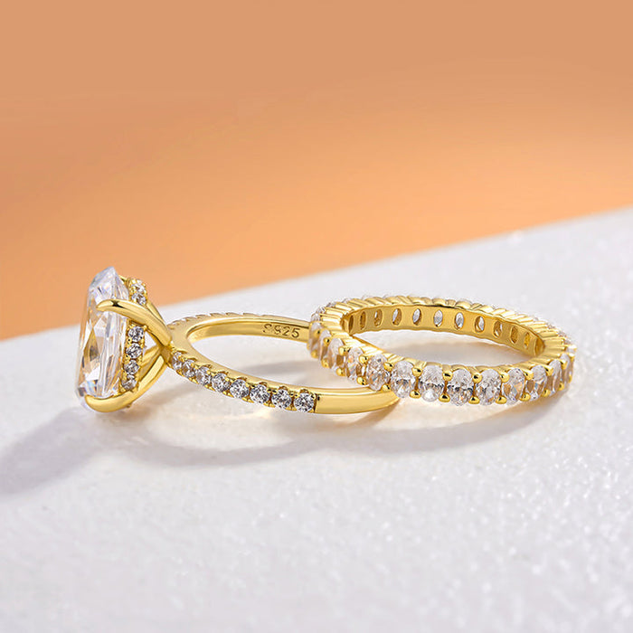 2PCS Gold Tone Oval Cut Bridal Set Rings In Sterling Silver