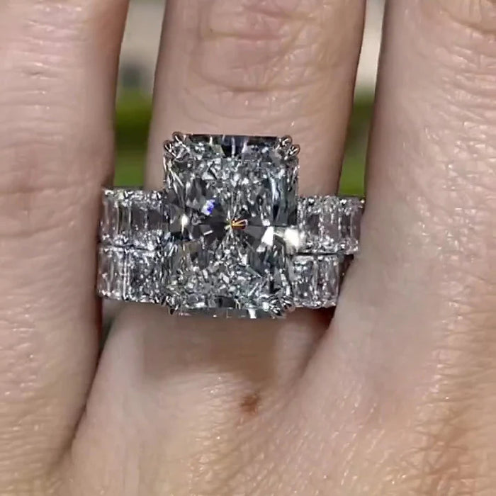 2Pcs Hidden Halo Radiant Cut Sterling Silver Ring Set