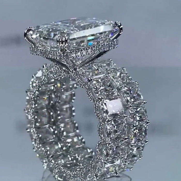 2Pcs Hidden Halo Radiant Cut Sterling Silver Ring Set