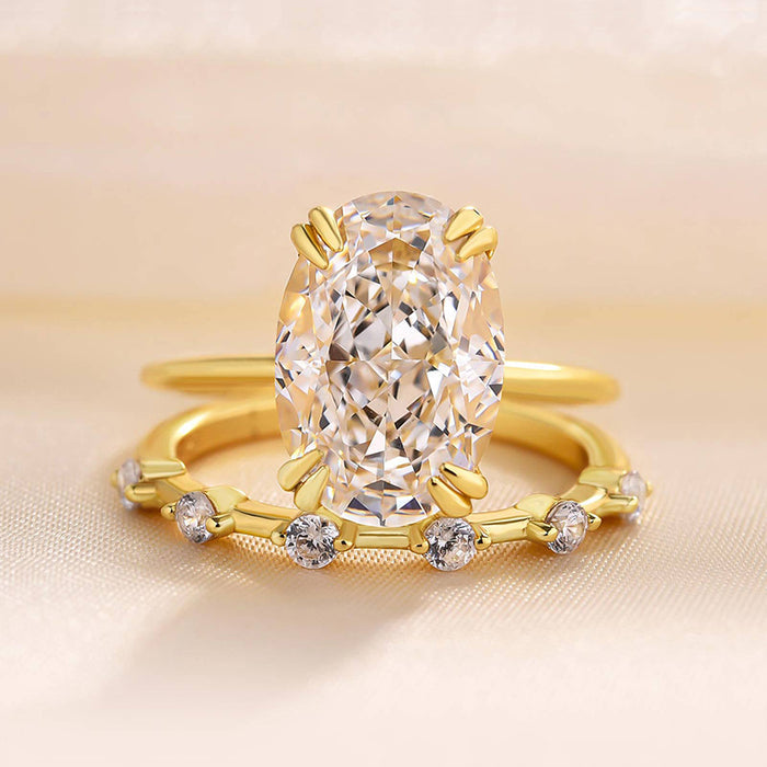 2Pcs Oval Cut Golden Tone Wedding Ring Bridal Set In Sterling Silver