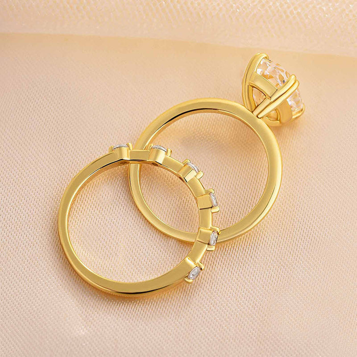 2Pcs Oval Cut Golden Tone Wedding Ring Bridal Set In Sterling Silver