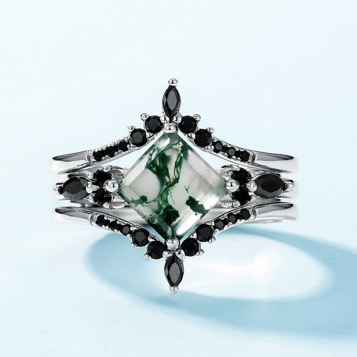 3 Pcs Geometric Natural Black And Green Moss Agate Ring Set