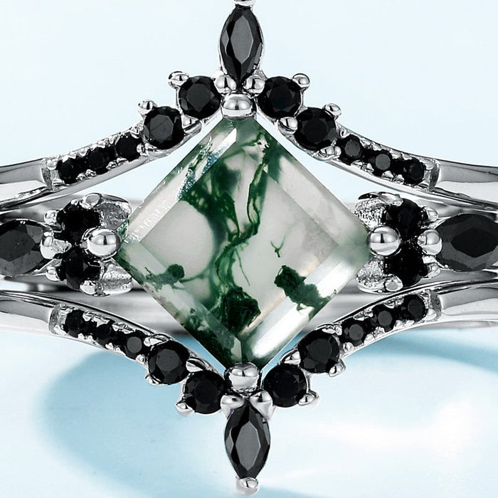 3 Pcs Geometric Natural Black And Green Moss Agate Ring Set