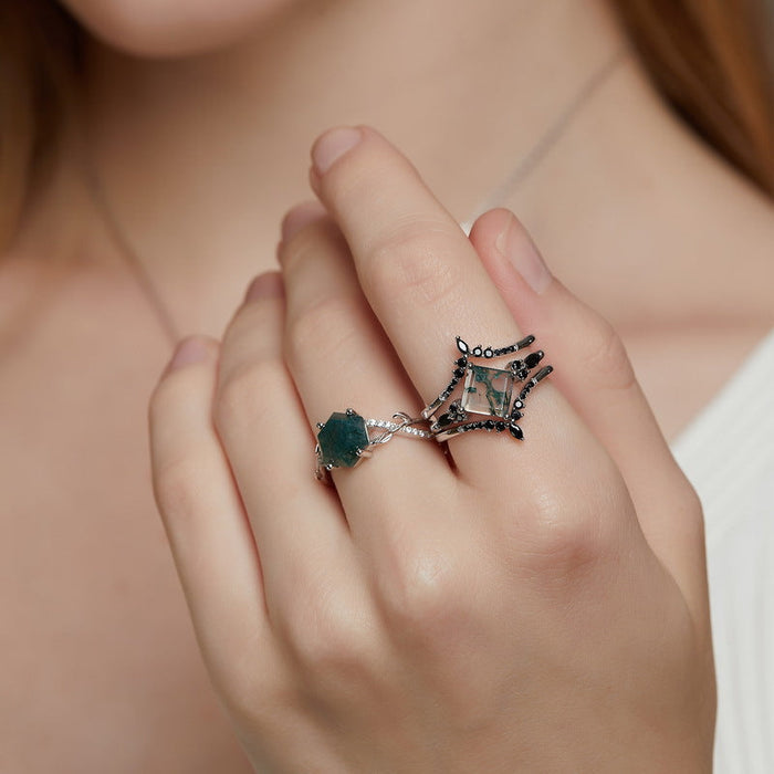 3 Pcs Geometric Natural Black And Green Moss Agate Ring Set