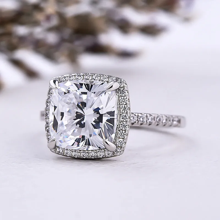 3.2 Carat Cushion Cut Halo Engagement Ring In Sterling Silver