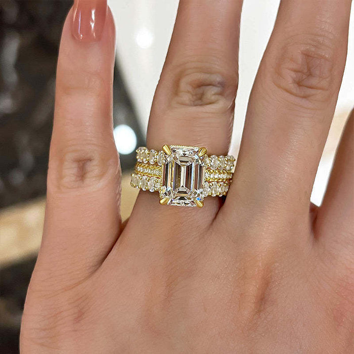 3PC Golden Tone Emerald Cut Wedding Bridal Set In Sterling Silver