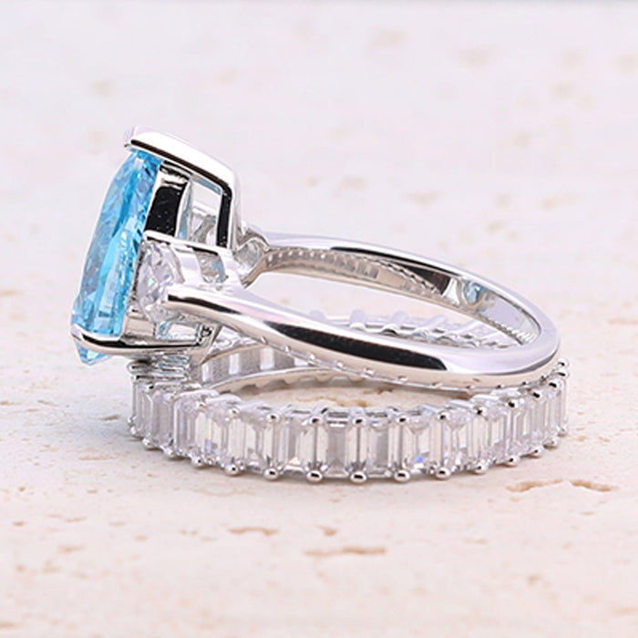 4.0ct Pear Cut Blue Gemstone Engagement ring with Eternity Band