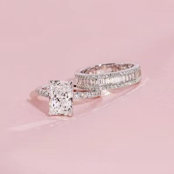 4PCS Radiant Cut Ring With Baguette & Pear Band Bridal Set in Sterling Silver