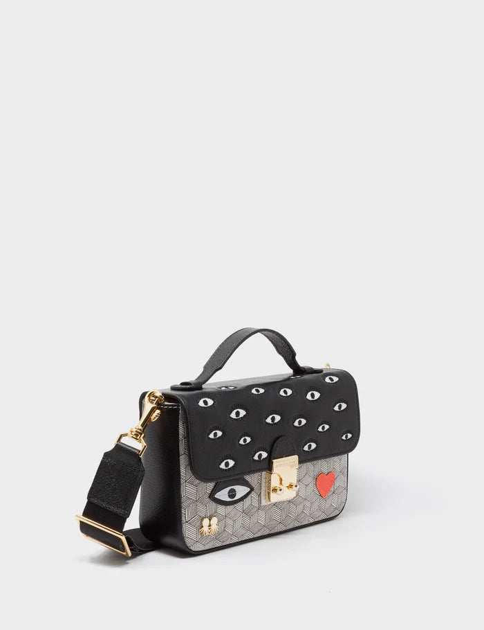 Amantis Crossbody Handbag - Black and Cream All Over Eyes Embroidery - Front corner angle view