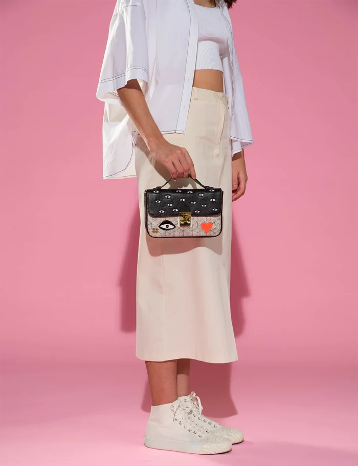 Amantis Black And Cream Leather Crossbody Mini Handbag - All Over Eyes Embroidery - How To Use