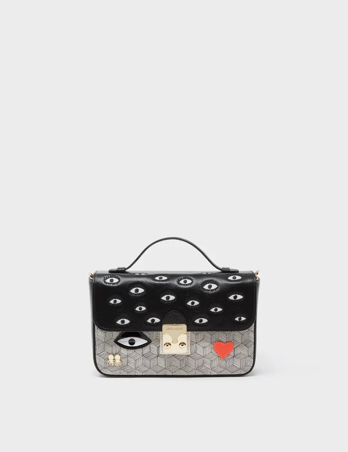 Amantis Crossbody Handbag - Black and Cream All Over Eyes Embroidery - Front view