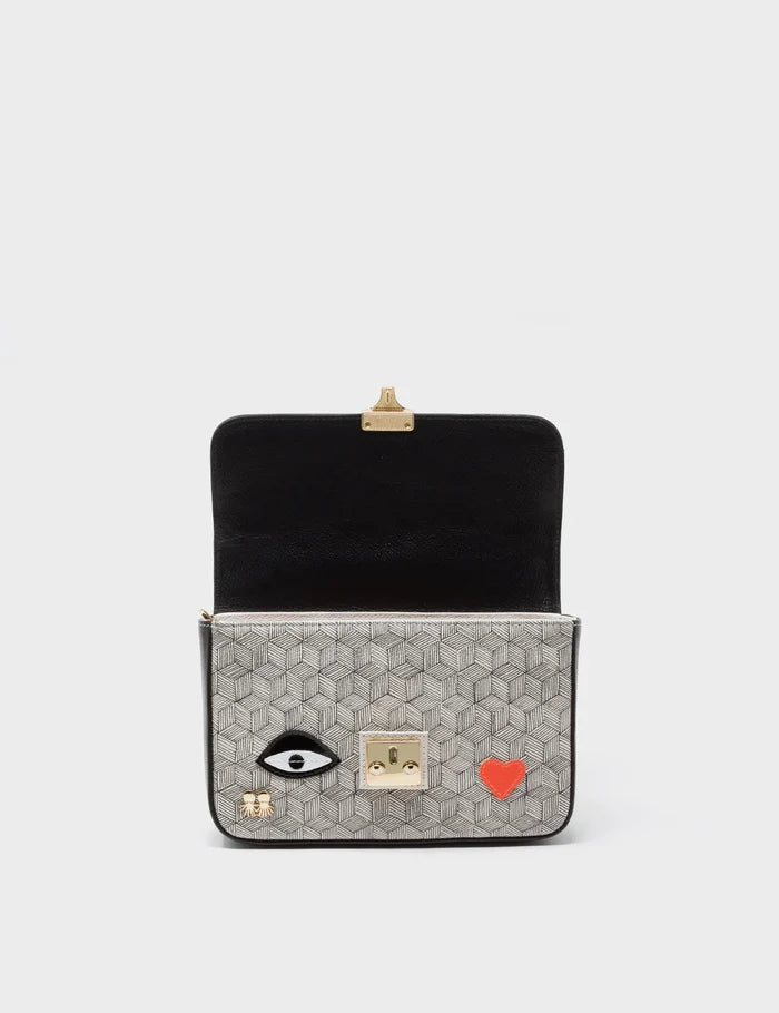 Amantis Crossbody Handbag - Black and Cream All Over Eyes Embroidery - Open view