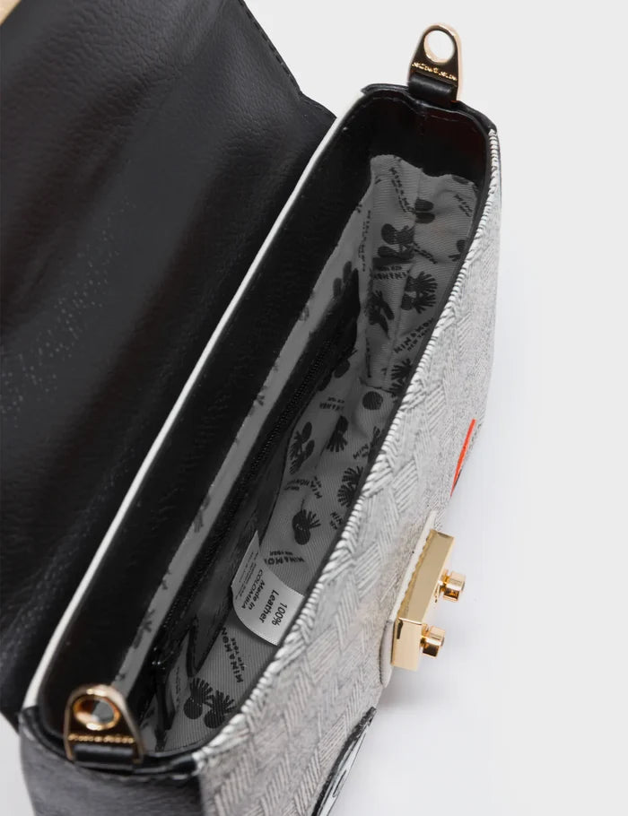 Amantis Black And Cream Leather Crossbody Mini Handbag - All Over Eyes Embroidery