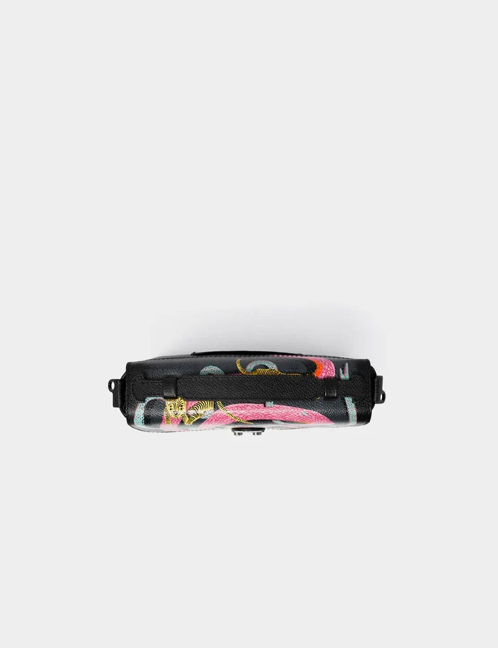 Amantis Black Leather Crossbody Mini Handbag - Tiger and Snake Design - Top View