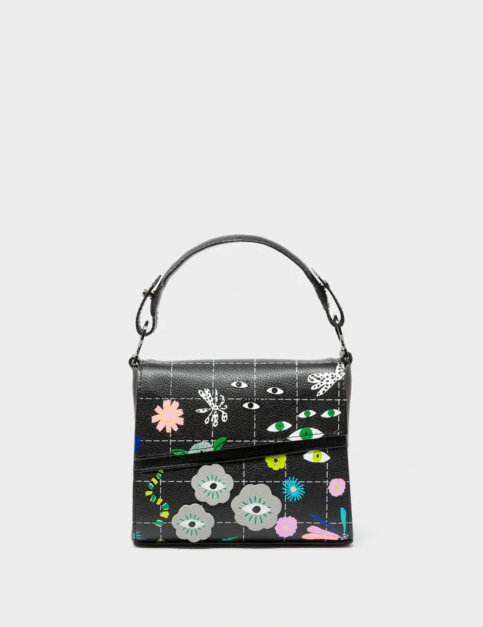 Anastasio Micro Crossbody Handbag Black Leather - Floralia Embroidery - Front