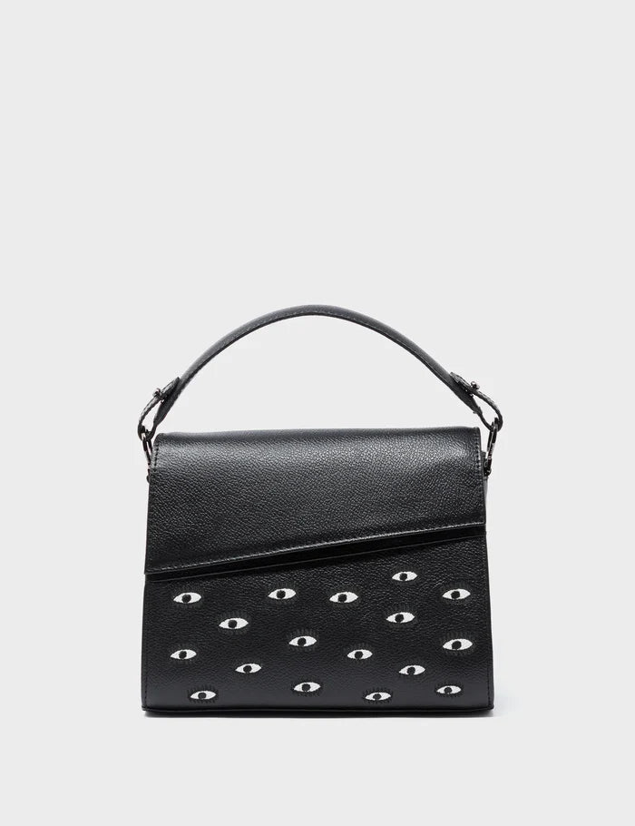 Anastasio Mini Crossbody Handbag Black Leather - All Over Eyes Embroidery - Front View