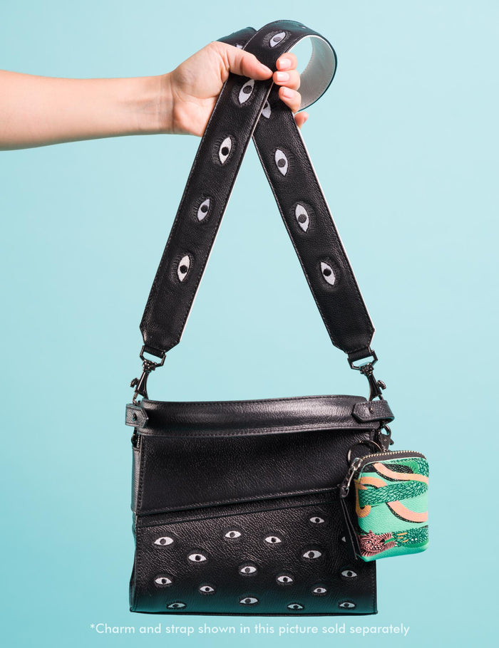 Anastasio Mini Crossbody Handbag Black Leather - All Over Eyes Embroidery - Personalize Your Bag
