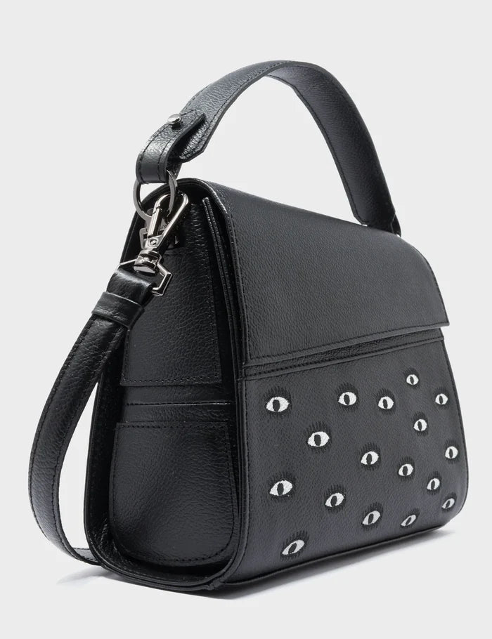Anastasio Mini Crossbody Handbag Black Leather - All Over Eyes Embroidery - Detail View