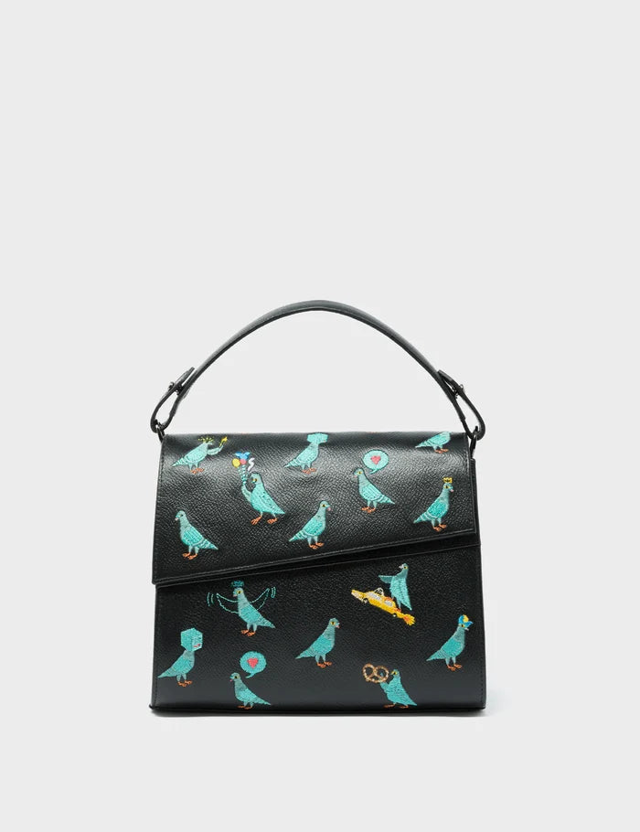 Anastasio Mini Crossbody Handbag Black Leather - Pigeonzilla Embroidery - Front View