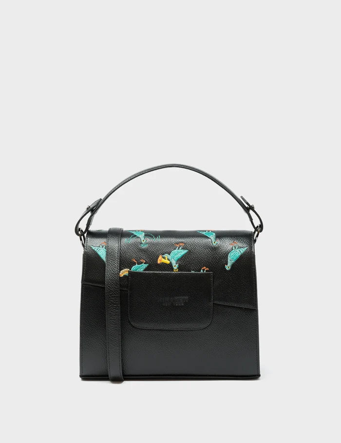 Anastasio Mini Crossbody Handbag Black Leather - Pigeonzilla Embroidery - Back View