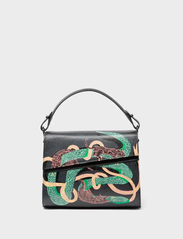 Anastasio Mini Crossbody Handbag Black Leather - Tiger and Snake Print - Front View