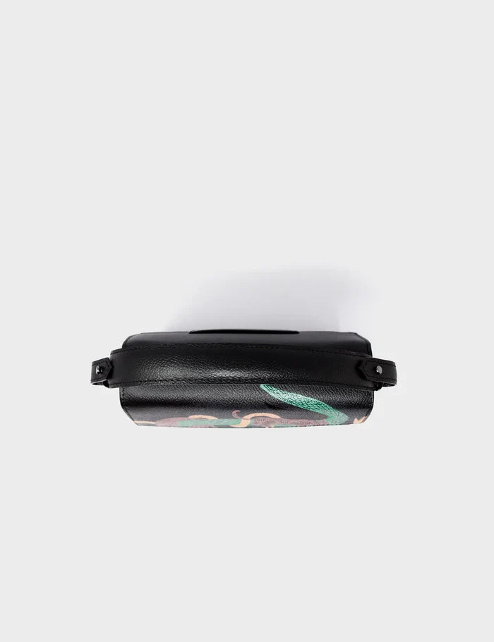 Anastasio Mini Crossbody Handbag Black Leather - Tiger and Snake Print - Top View
