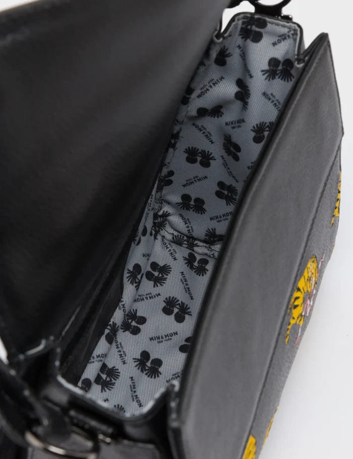 Anastasio Mini Crossbody Handbag Black Leather - Tigers Pattern - Open