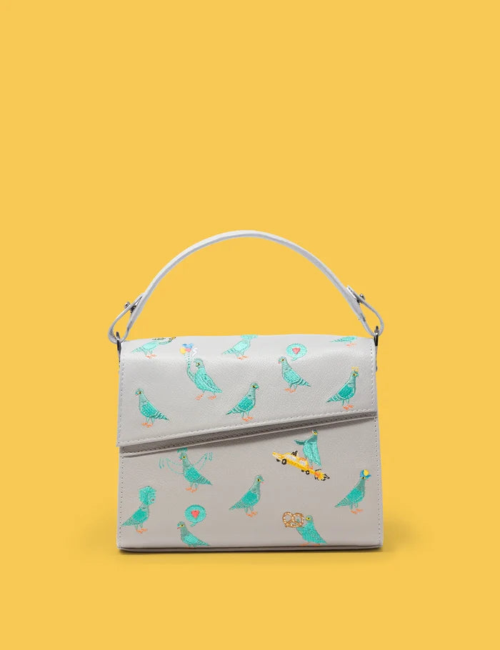 Anastasio Mini Crossbody Handbag Moonwalk Gray Leather - Pigeonista Embroidery - Front View