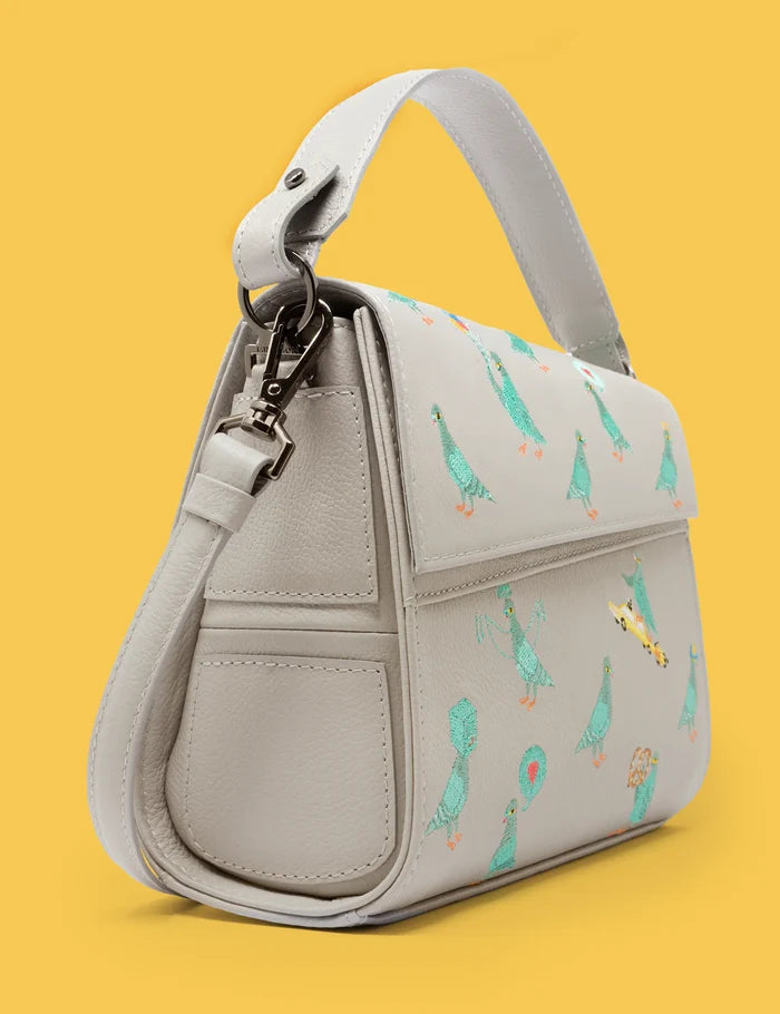 Anastasio Mini Crossbody Handbag Moonwalk Gray Leather - Pigeonista Embroidery - Side View
