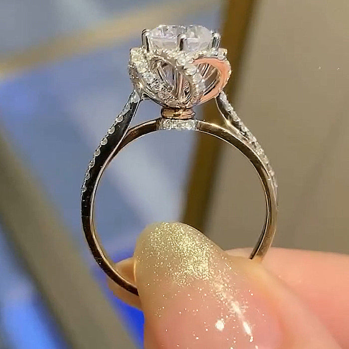 Beautiful Twist Design Flower Round Cut Engagement Ring in Sterling Silver