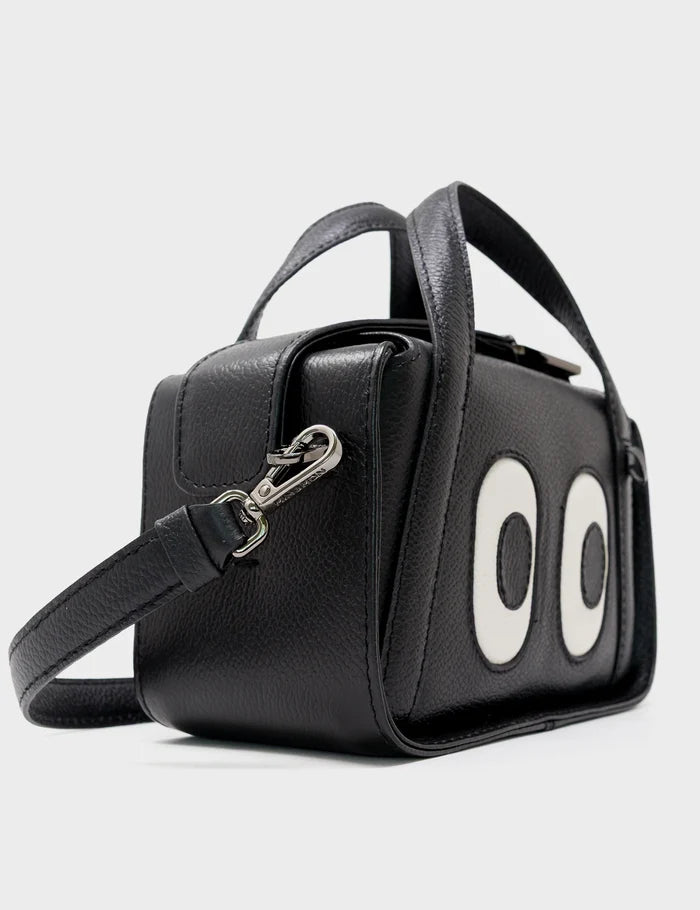 Benji Micro Crossbody Black Leather Bag - Look Up - Side View