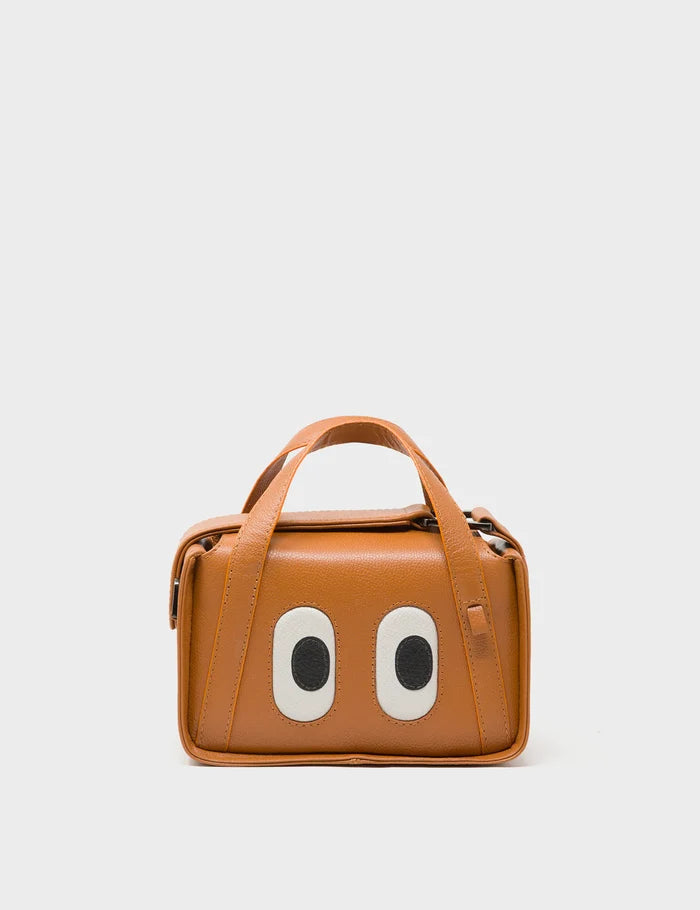 Benji Micro Crossbody Caramel Leather Bag - Eyes Engraved - Front