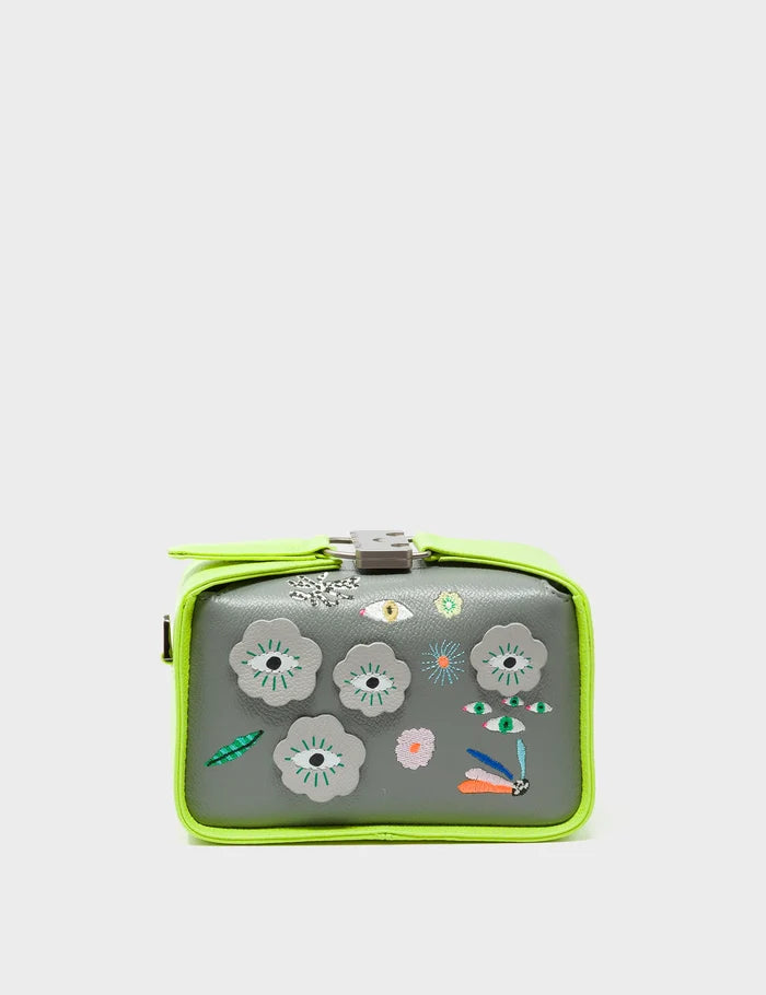 Benji Micro Crossbody Sharp Green and Gray Leather Bag - Floralia Embroidery - Front