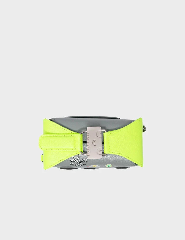Benji Micro Crossbody Sharp Green and Gray Leather Bag - Floralia Embroidery - Top View