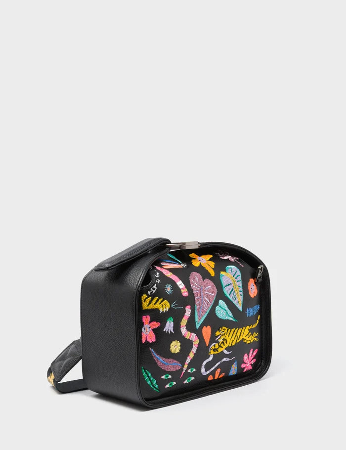 Benji Mini Crossbody Black Leather Bag - Autumn Blush Embroidery - Main View