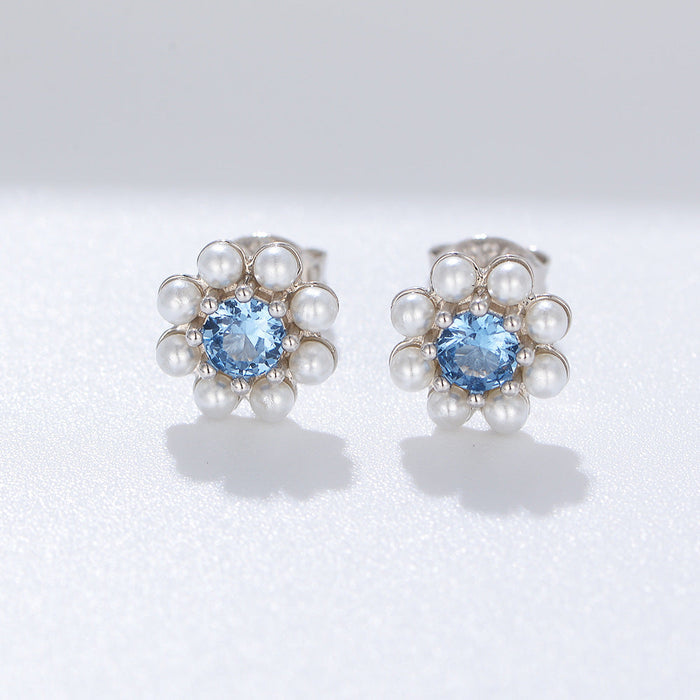Blue Flower Design Pearls Stud Earrings