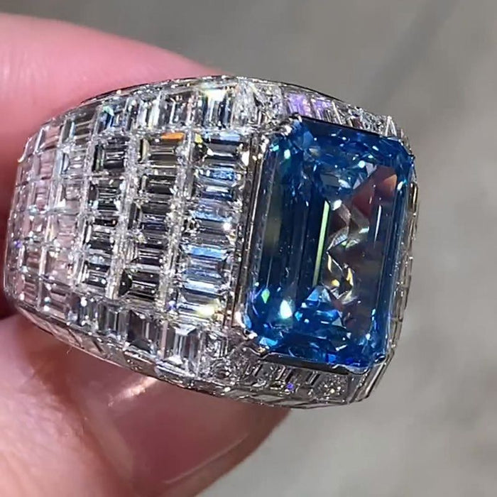 Blue Sapphire  Emerald Cut Luxury Men's Ring in Sterling Silver