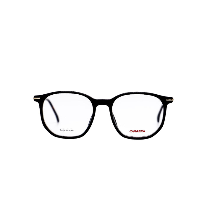 Black eyeglasses with 'Carrera' logo on a white background